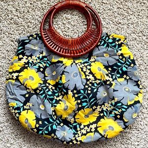 Floral Handbag with Rattan Handle
